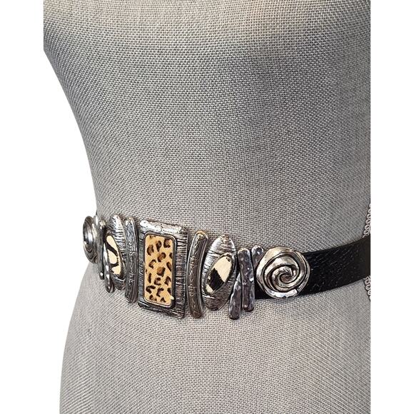 Chico’s Black Snake Embossed Leather Belt Animal Hair Abstract Silver Buckle S main image 7
